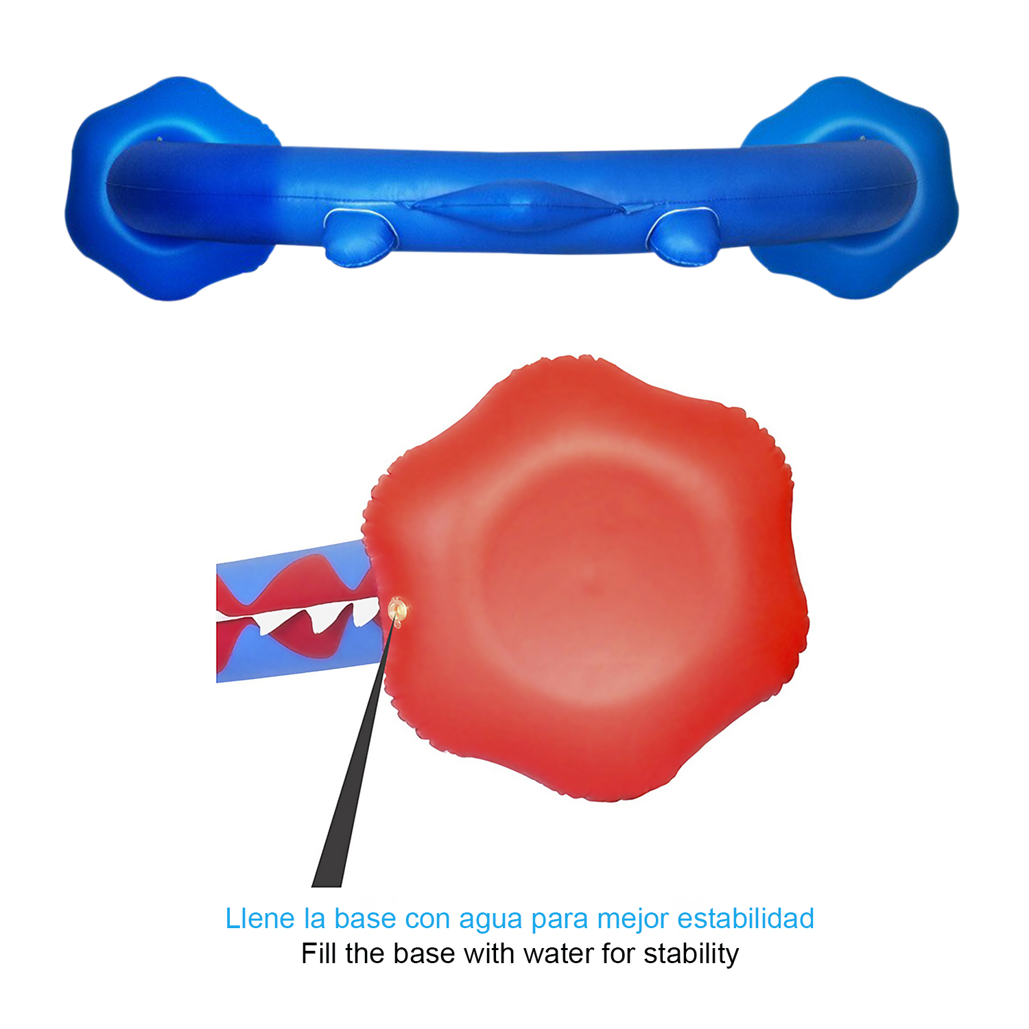 Juguete inflable con base azul y parte superior roja en forma de flor, con agua.