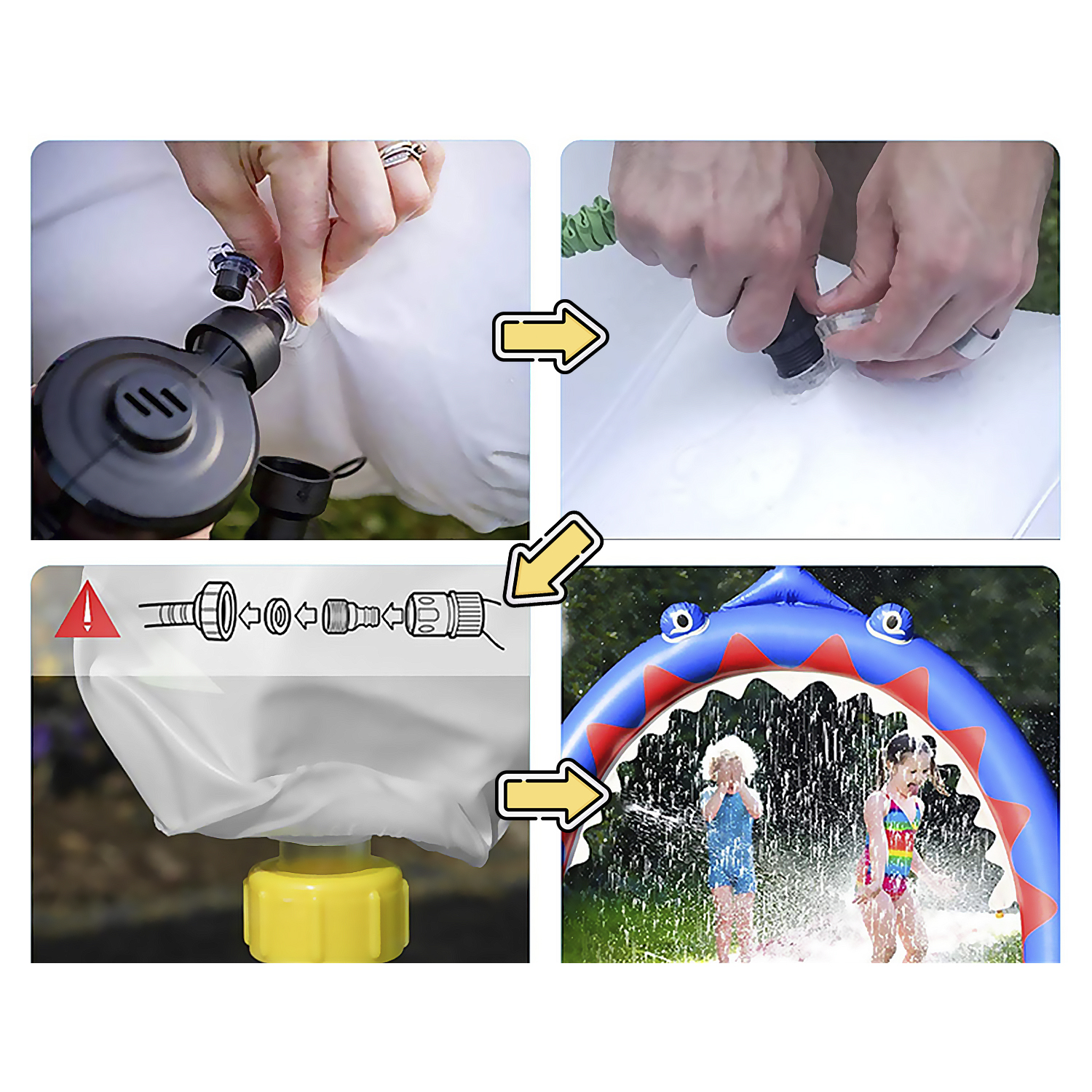 Pasos para configurar un aspersor con forma de tiburón. Manos conectando una manguera a un inflable blanco.