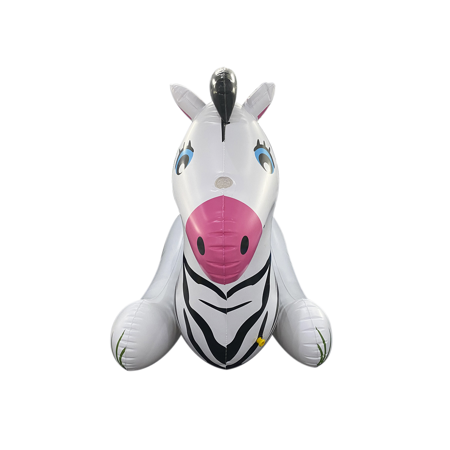 Un juguete de cebra inflable blanco con rayas negras, nariz rosa y melena negra.