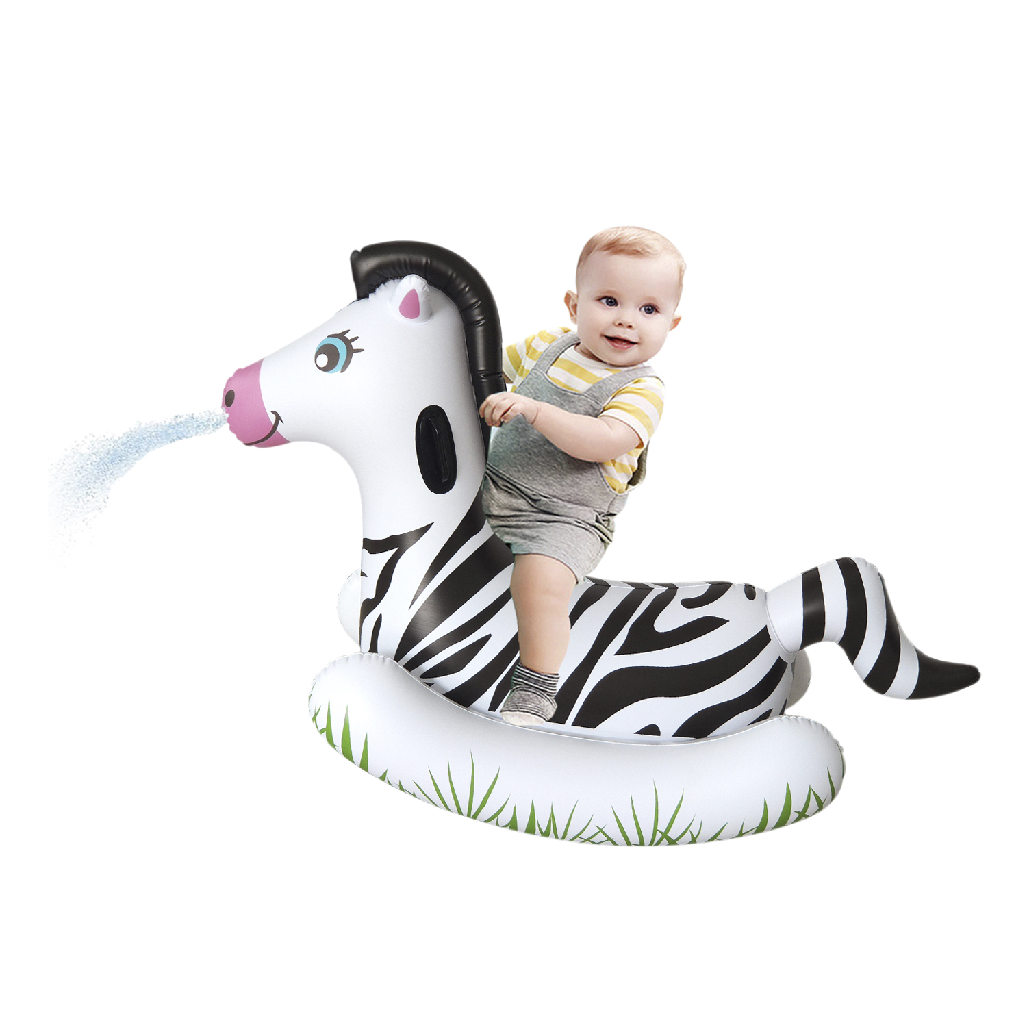 Bebé en un juguete inflable de cebra, agua sale de su nariz. Un fondo blanco.