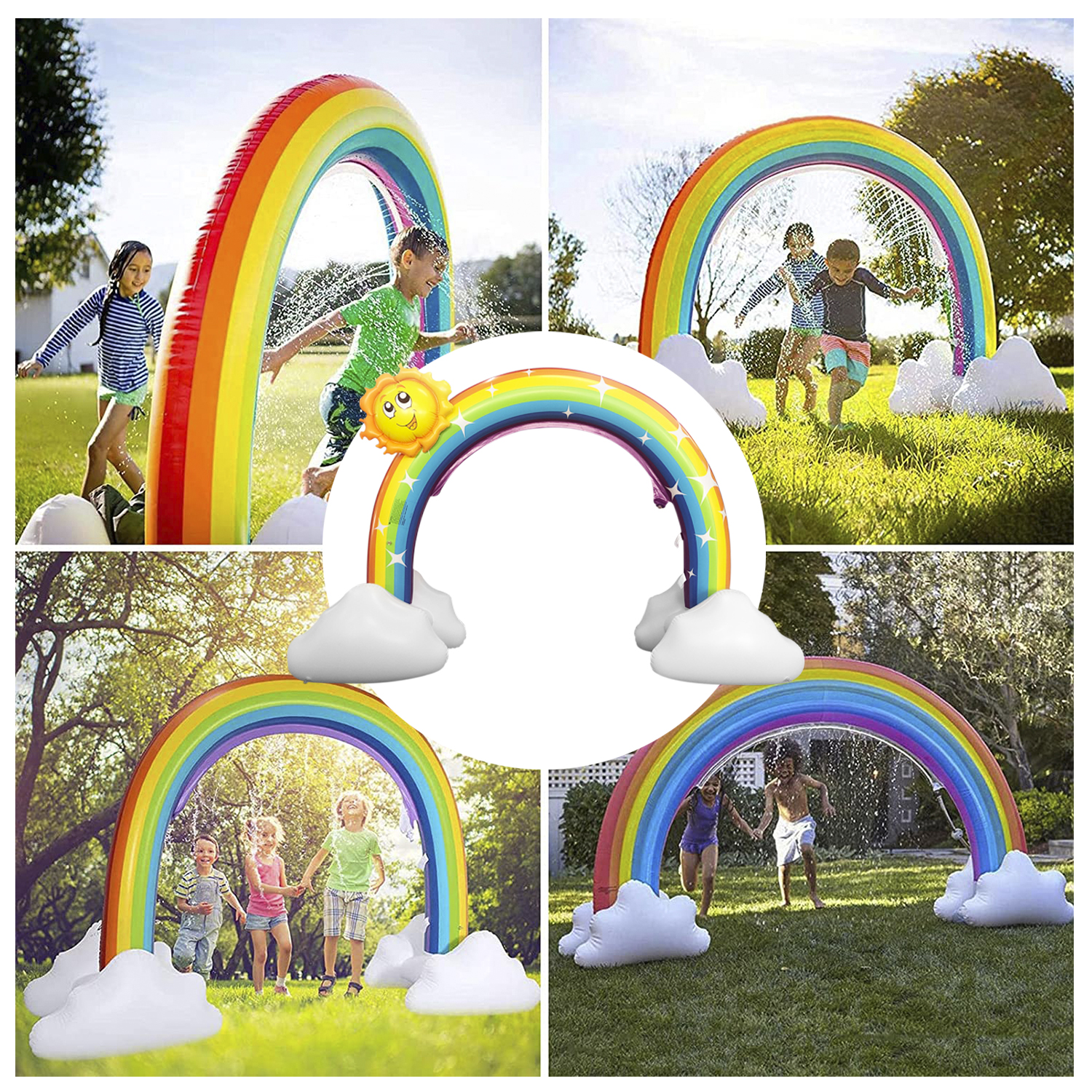 Un collage muestra a niños jugando en un arco de agua de arcoíris con nubes.