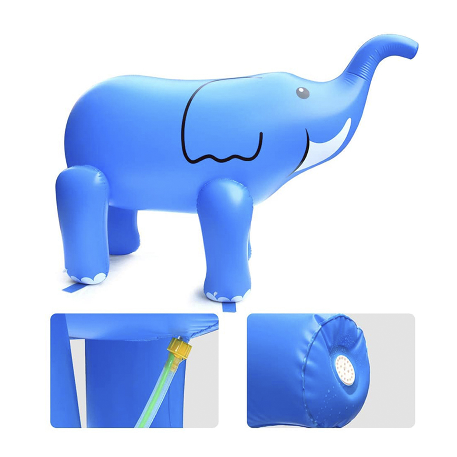 Irrigatore a elefante gonfiabile blu con tubo dell'acqua e dettagli di spruzzo.