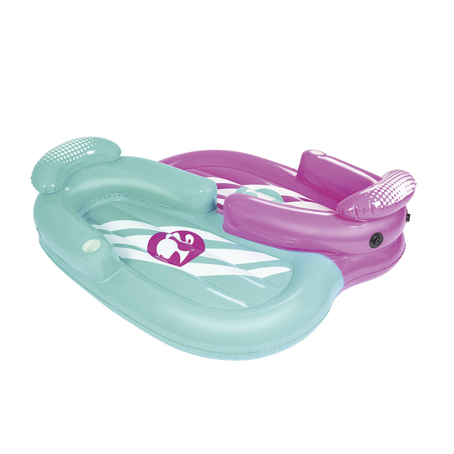 Un flotador de piscina inflable en forma de corazón rosa con un agujero en el centro.