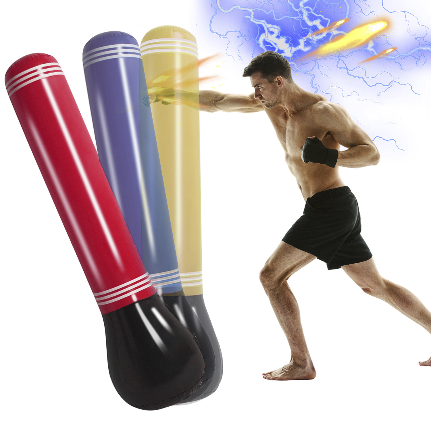 Un uomo colpisce un sacco da boxe gonfiabile giallo, con altri tre sullo sfondo.