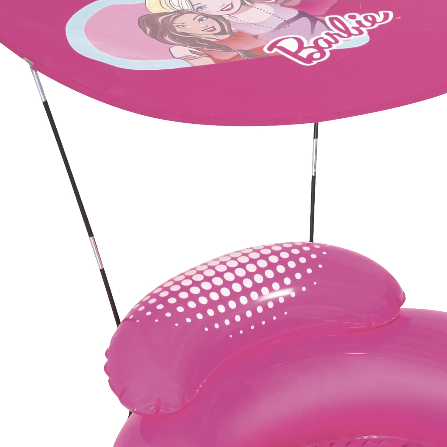 Un flotador de piscina rosa con temática de Barbie con un dosel y una imagen de Barbie y una amiga.