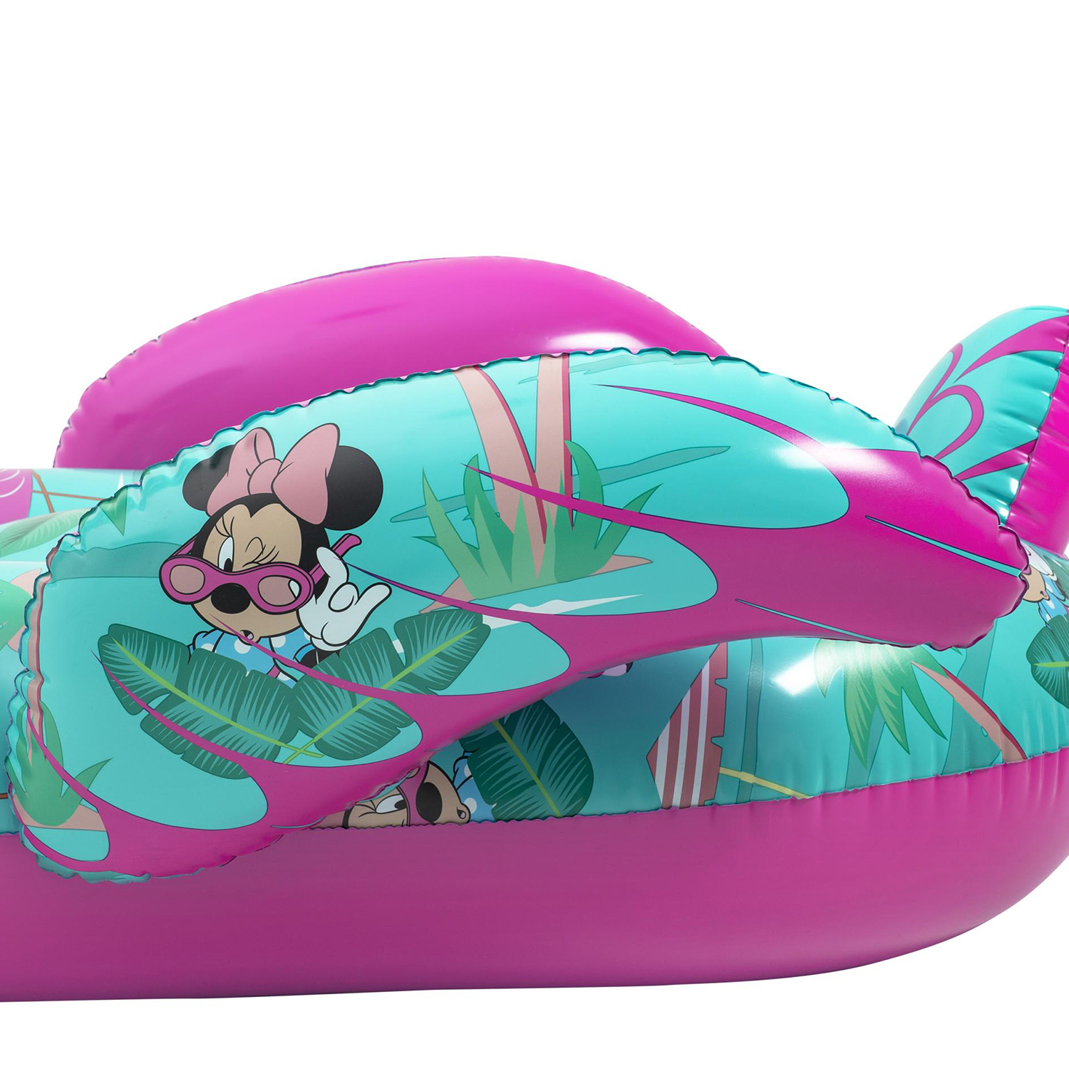 Primo piano di un galleggiante gonfiabile rosa e verde acqua con grafica di Minnie Mouse.