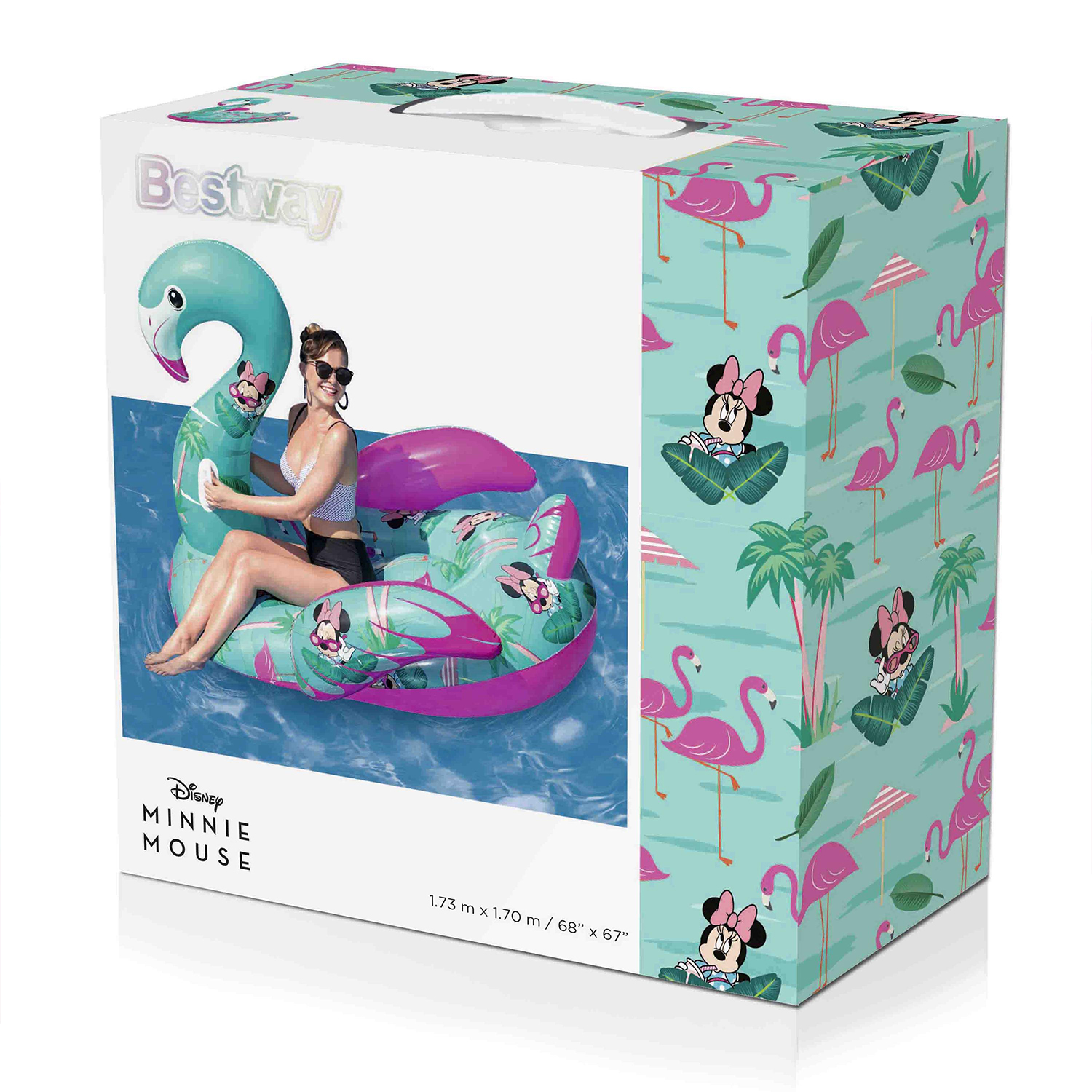 Una scatola con una donna su un galleggiante per piscina di Minnie Mouse. La scatola è decorata con fenicotteri.