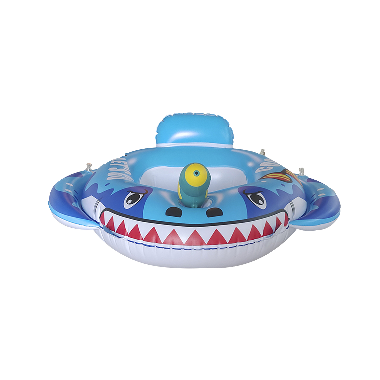 Flotador inflable de tiburón azul y blanco con pistola de agua, sobre fondo blanco.