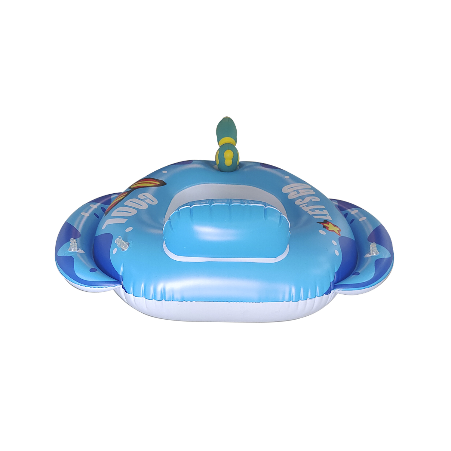 Un flotador de tiburón inflable azul sobre un fondo blanco.