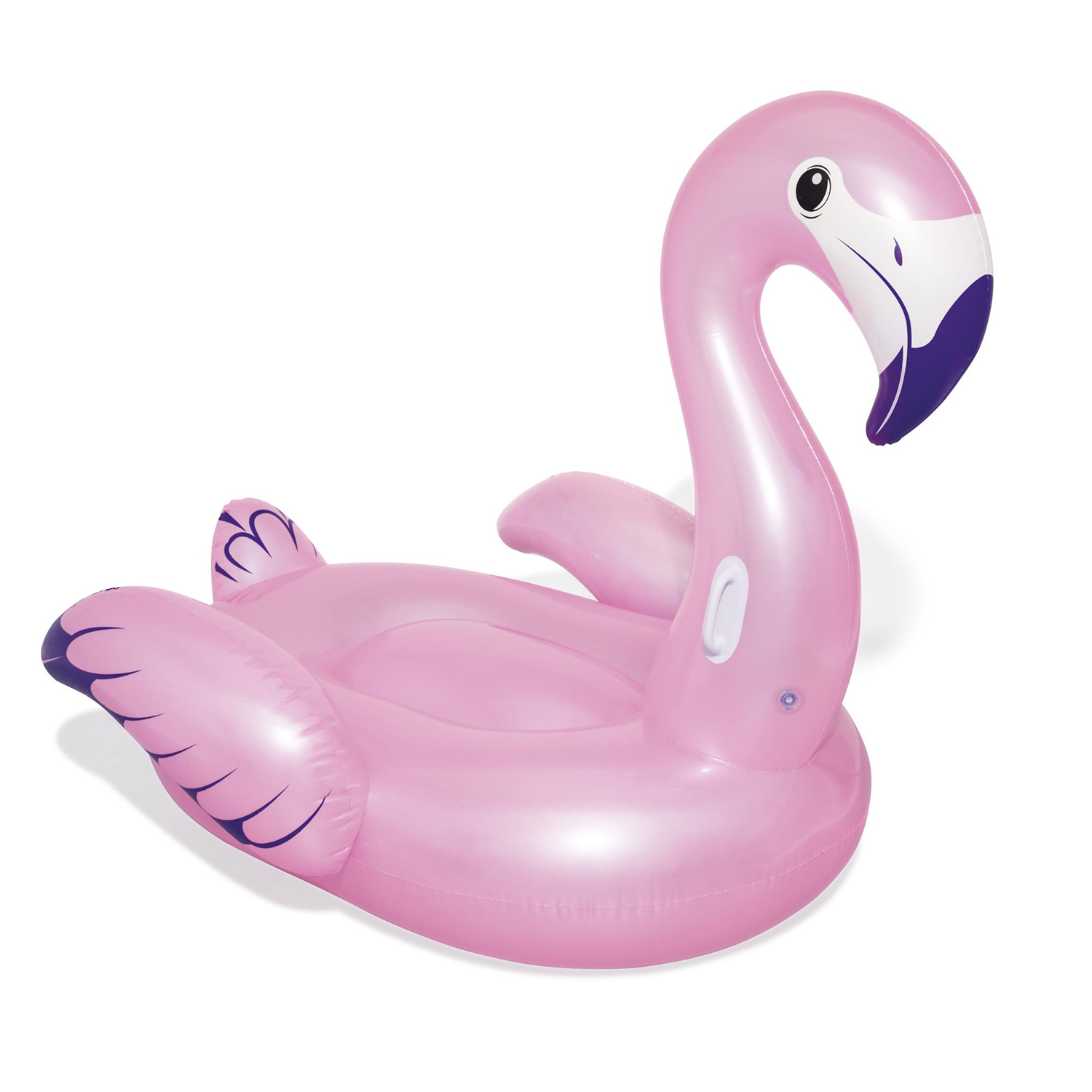 Flamingo gonfiabile rosa. Sfondo bianco. Il fenicottero ha un collo lungo e galleggia sull'acqua.