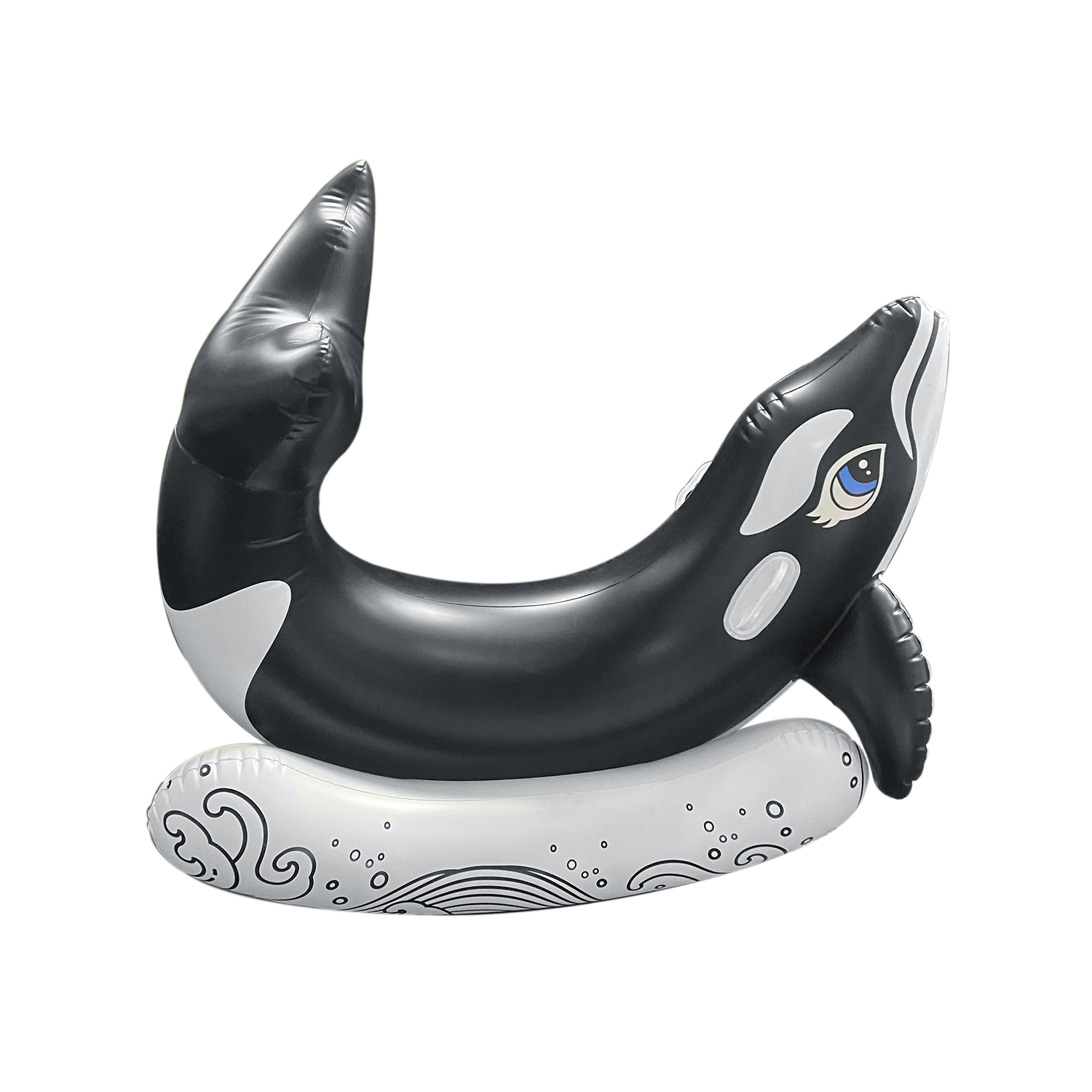 Un flotador inflable de ballena para piscina, blanco y negro, con una cara de dibujos animados amigable.