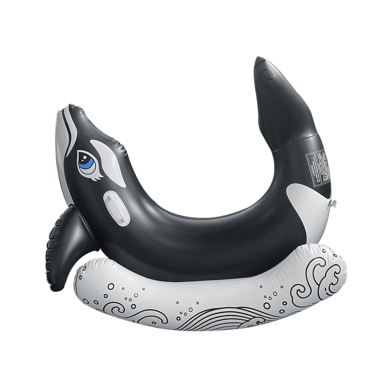 Flotador inflable de orca, blanco y negro con diseño curvo.