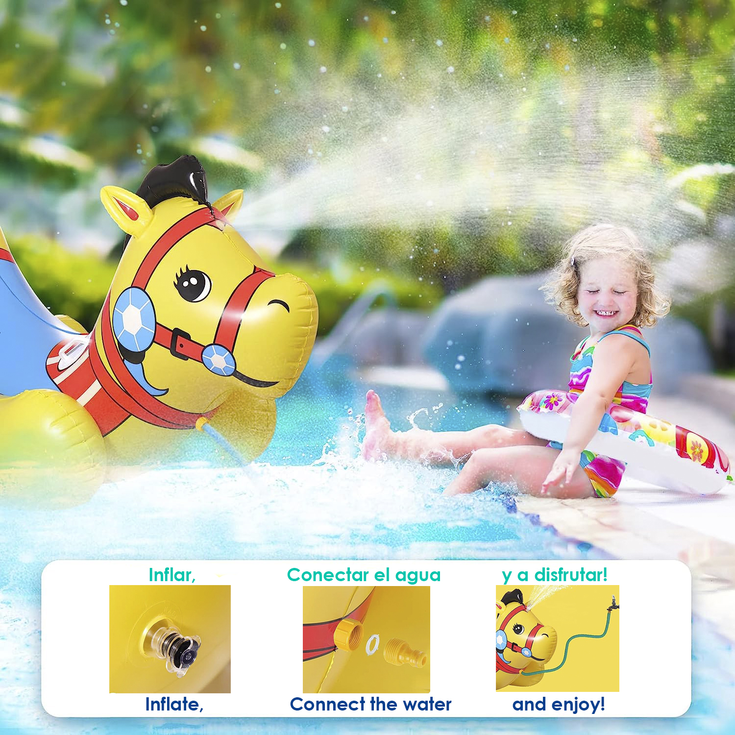 Niña con un juguete de rociador de caballo en una piscina con instrucciones.
