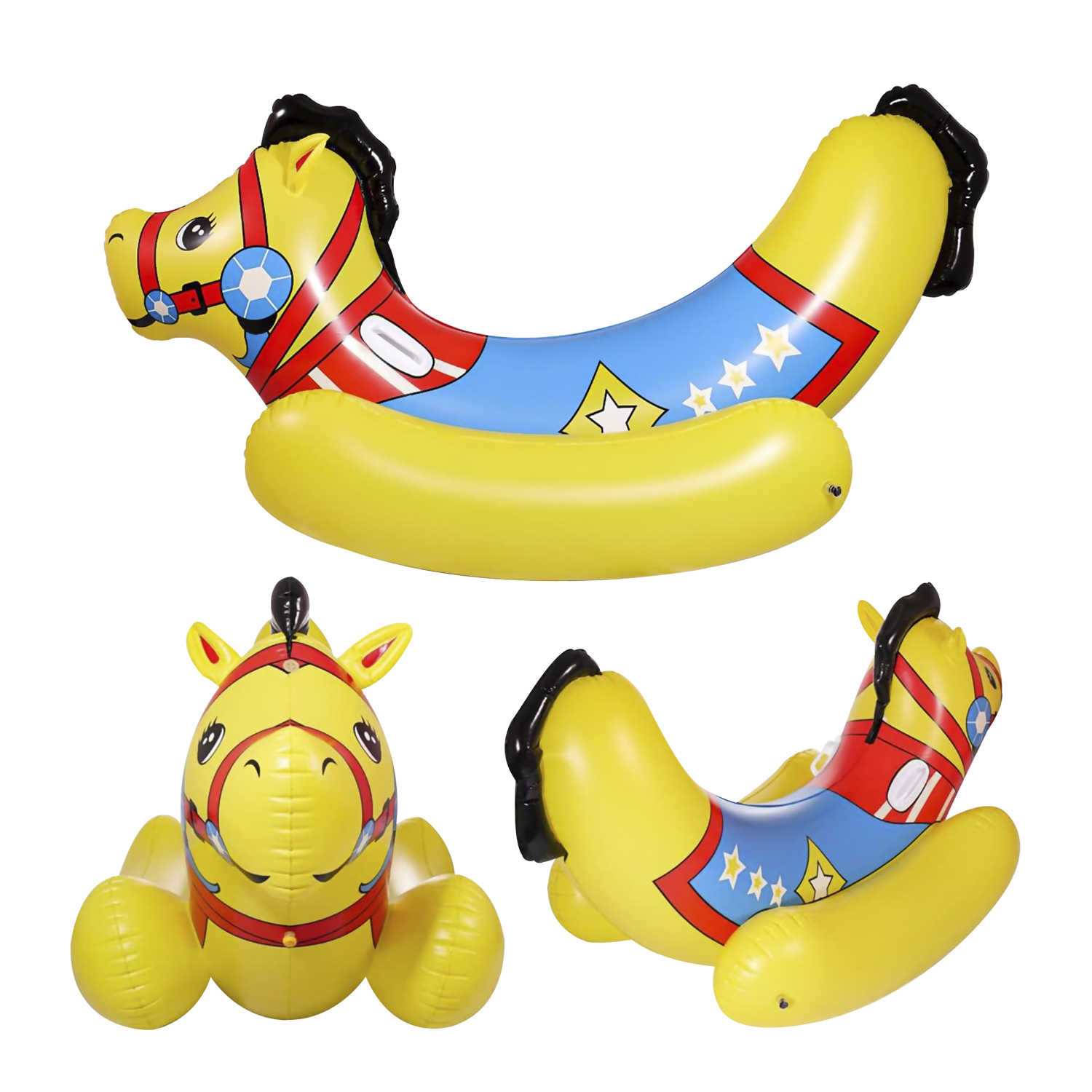 Tres caballos de juguete inflables en amarillo y azul con detalles en rojo, sobre un fondo blanco.