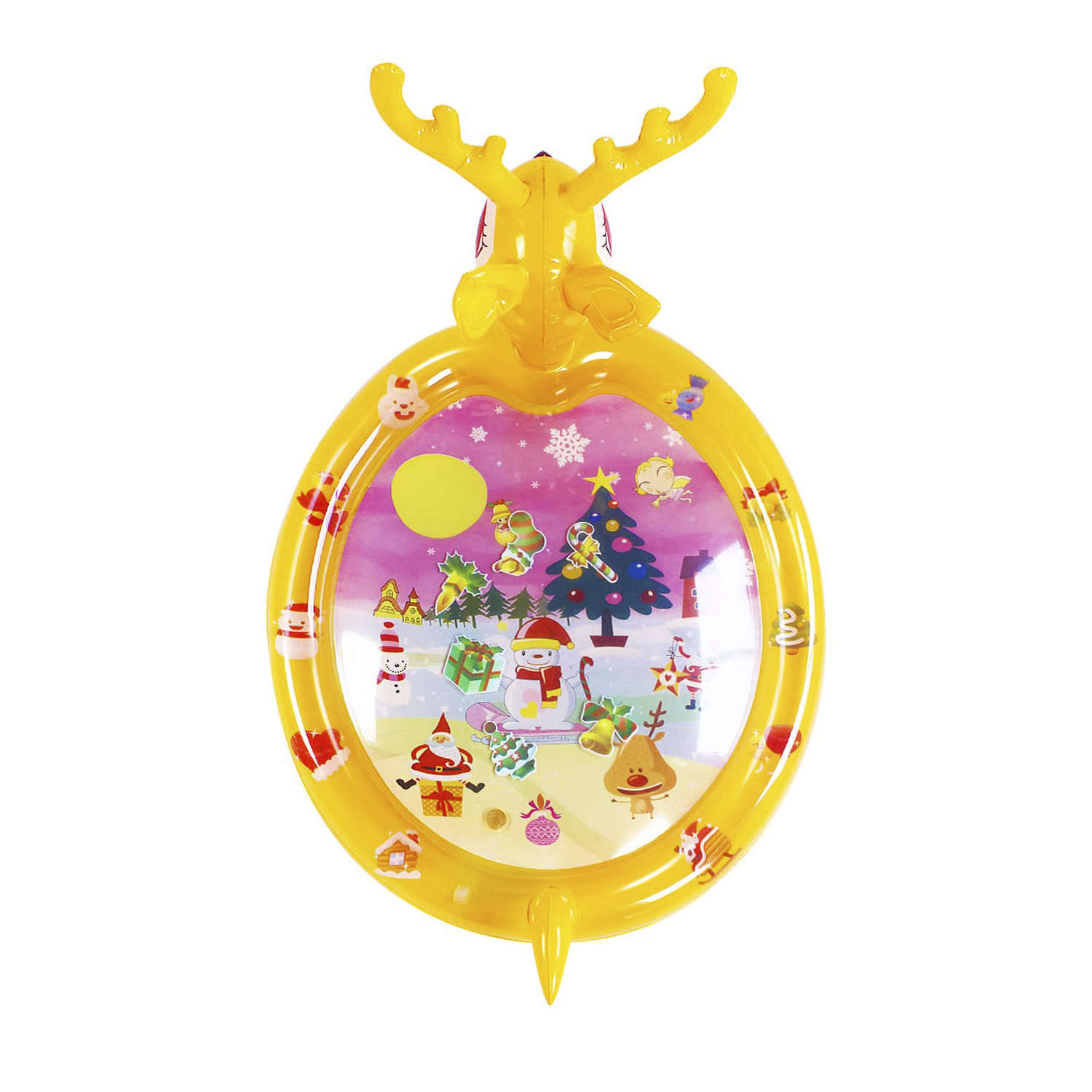 Un inflable amarillo con temática navideña y cabeza de reno.