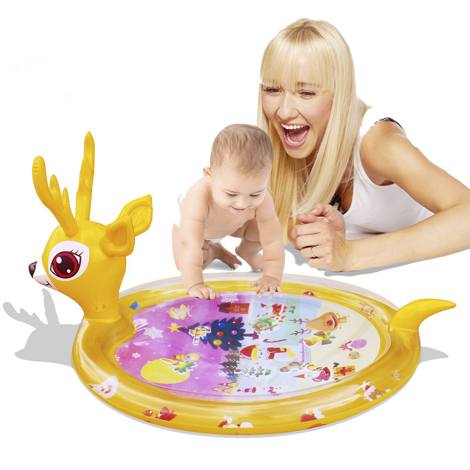 Bebé y mujer jugando con una alfombra de agua, diseño de ciervo.