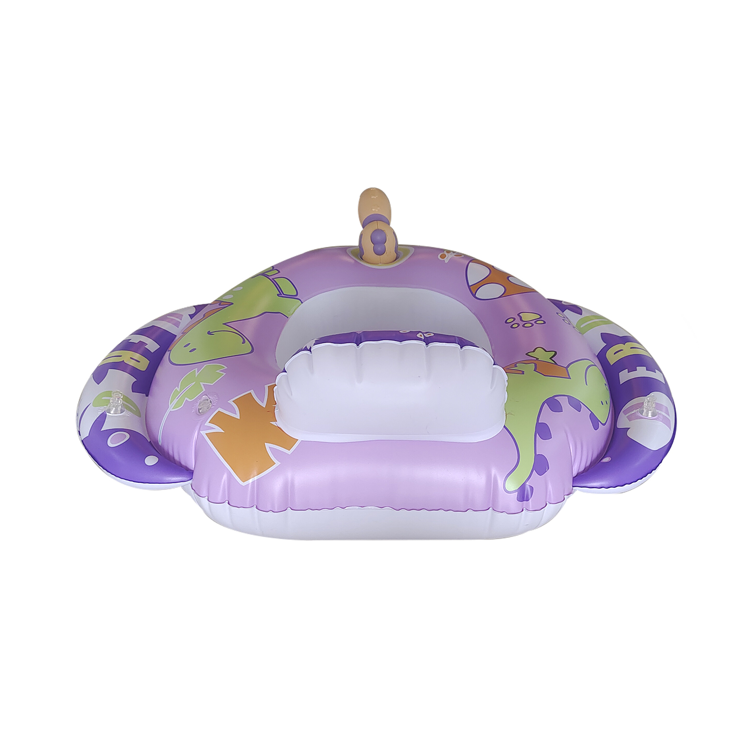 Un flotador de piscina inflable con temática de dinosaurios. Base rosa, detalles verdes y morados.