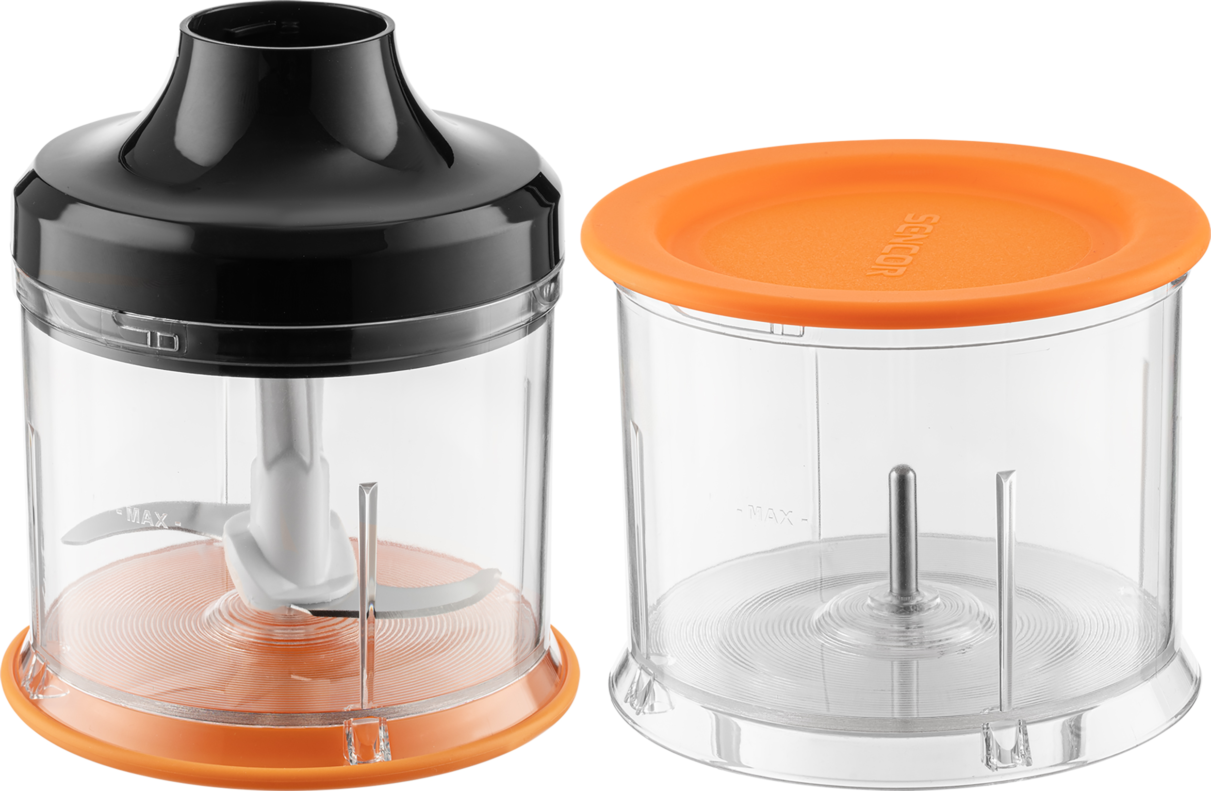 Części blendera: czarna góra, przezroczysty pojemnik z ostrzem i pojemnikiem.