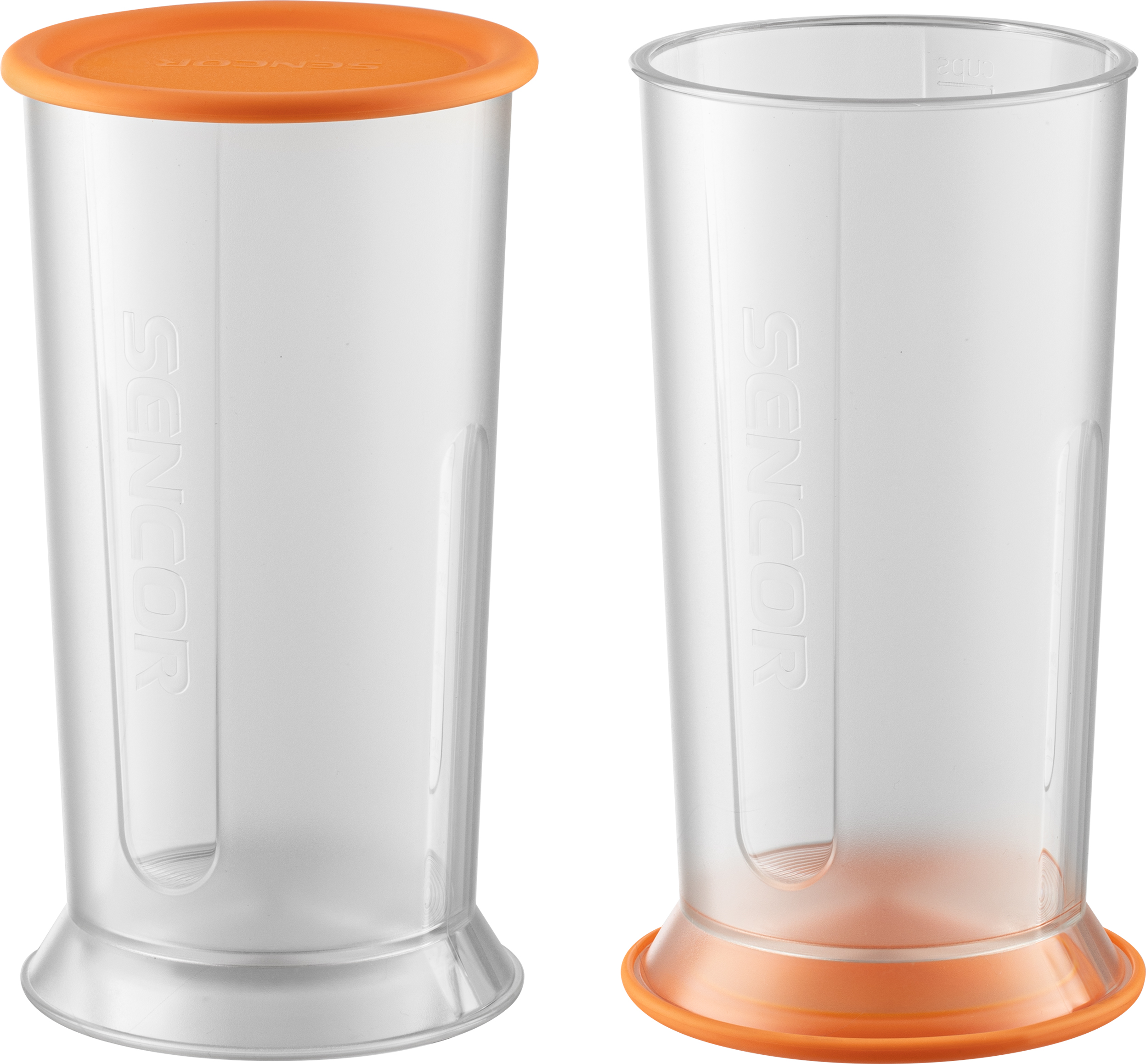 Dwa przezroczyste plastikowe kubki blendera, jeden z pomarańczową pokrywką, drugi z pomarańczowym dnem.