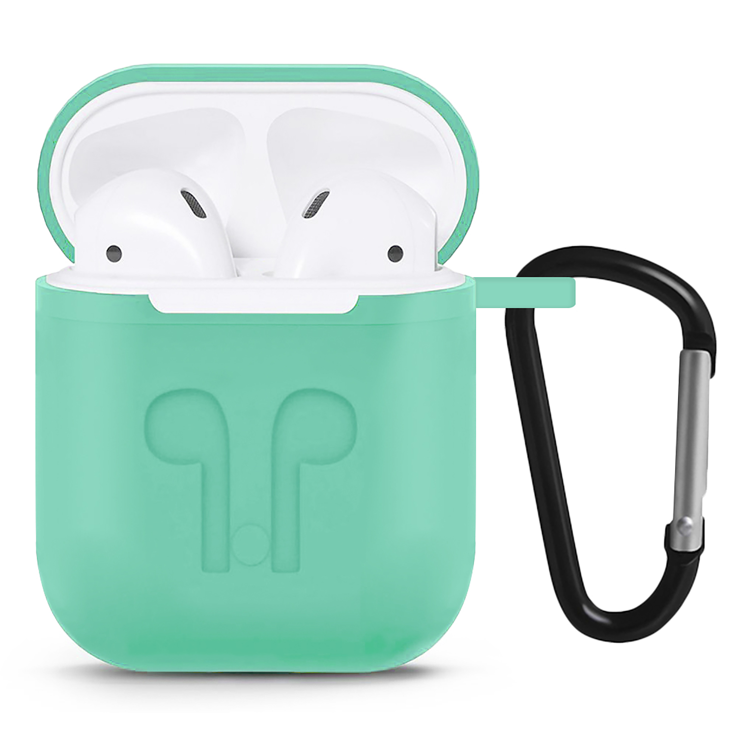 Estuche verde azulado con auriculares blancos y un mosquetón negro.