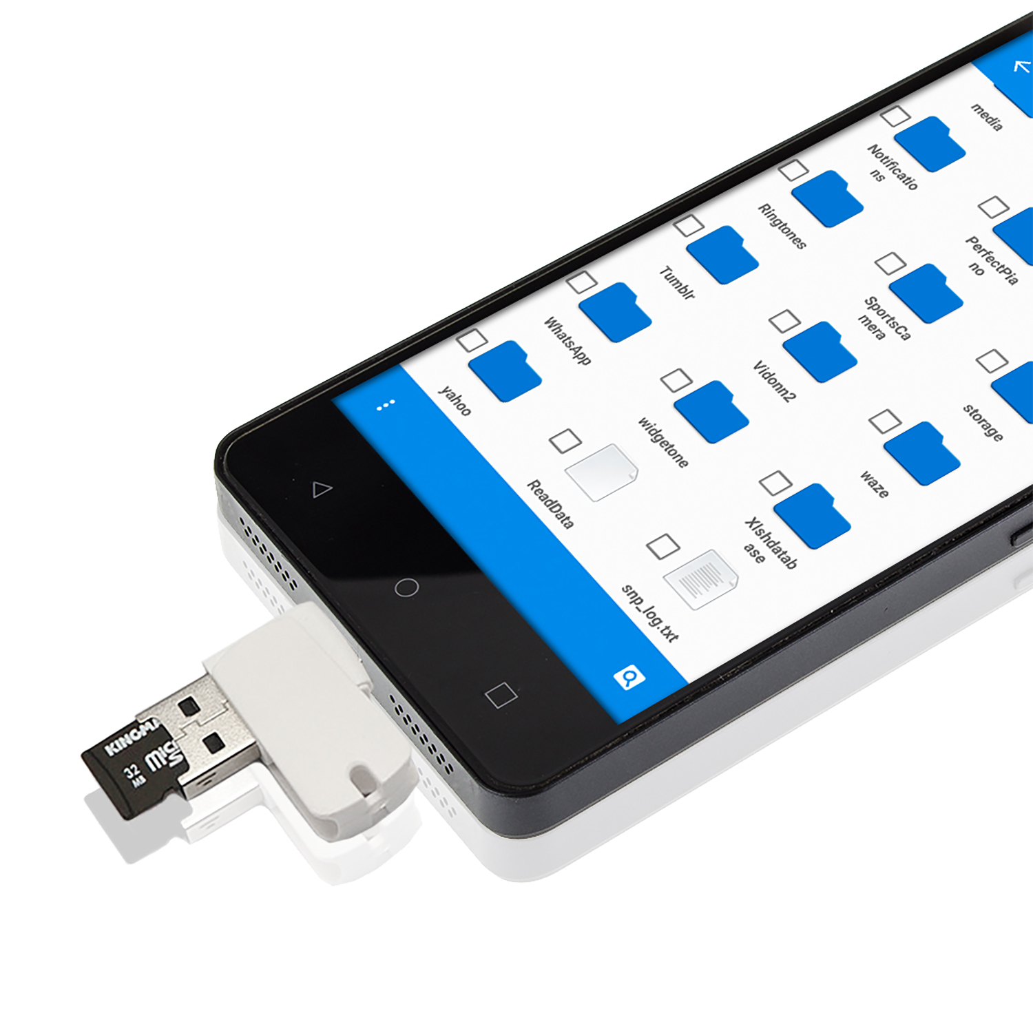 Smartphone conectado a una unidad USB, mostrando carpetas de archivos en pantalla.