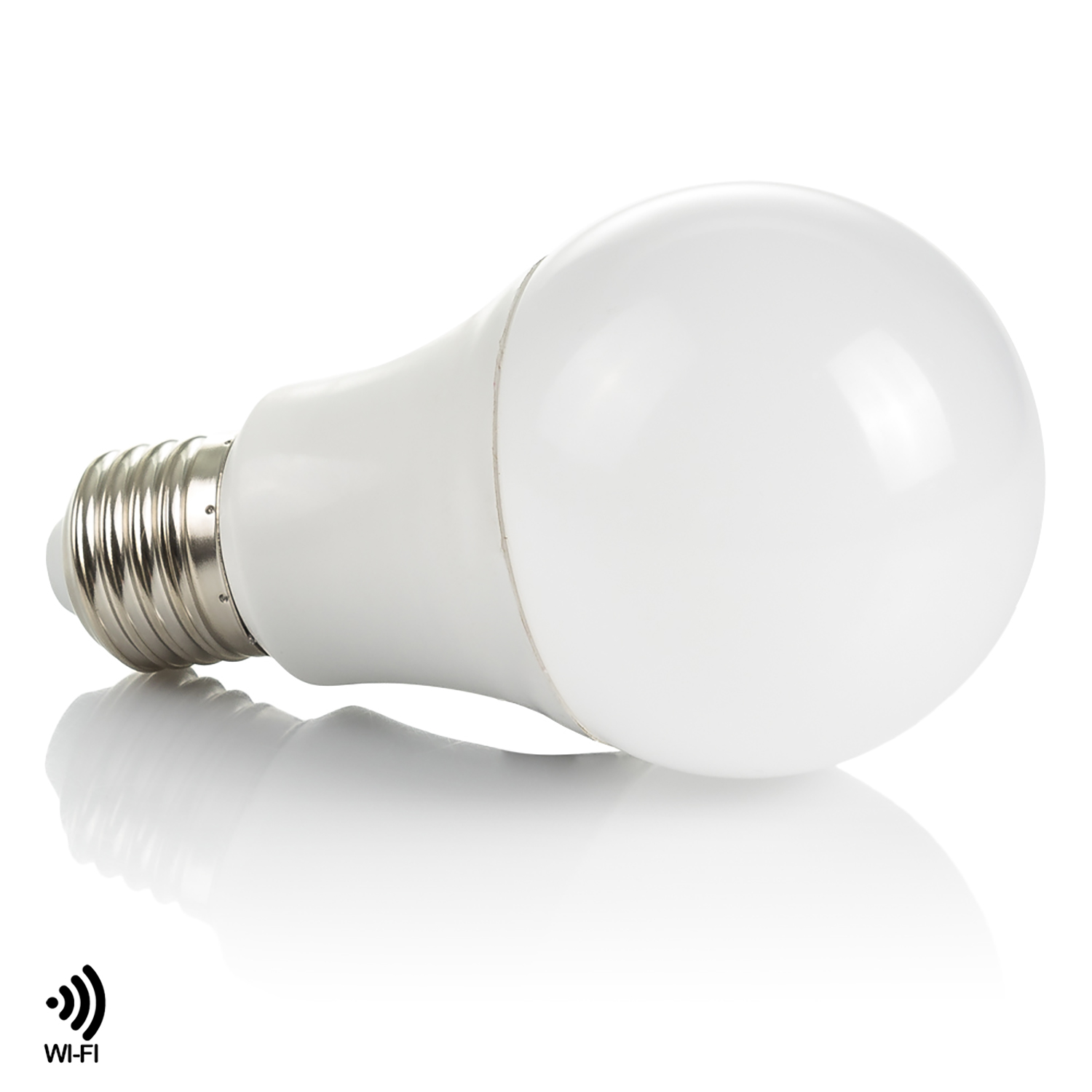 Una lampadina bianca, su una superficie bianca, con un simbolo Wi-Fi.