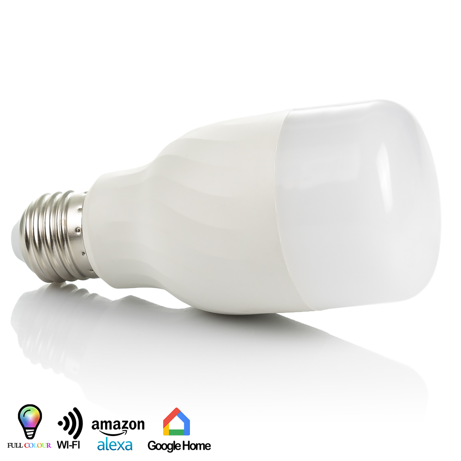 Una lampadina a LED bianca con base argentata, appoggiata su una superficie bianca.