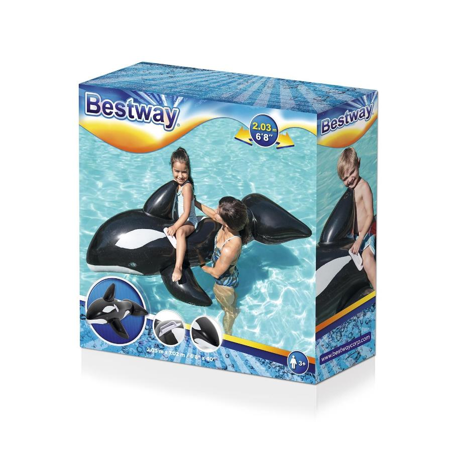 Una caja de Bestway muestra un flotador de ballena en blanco y negro con dos niños encima.