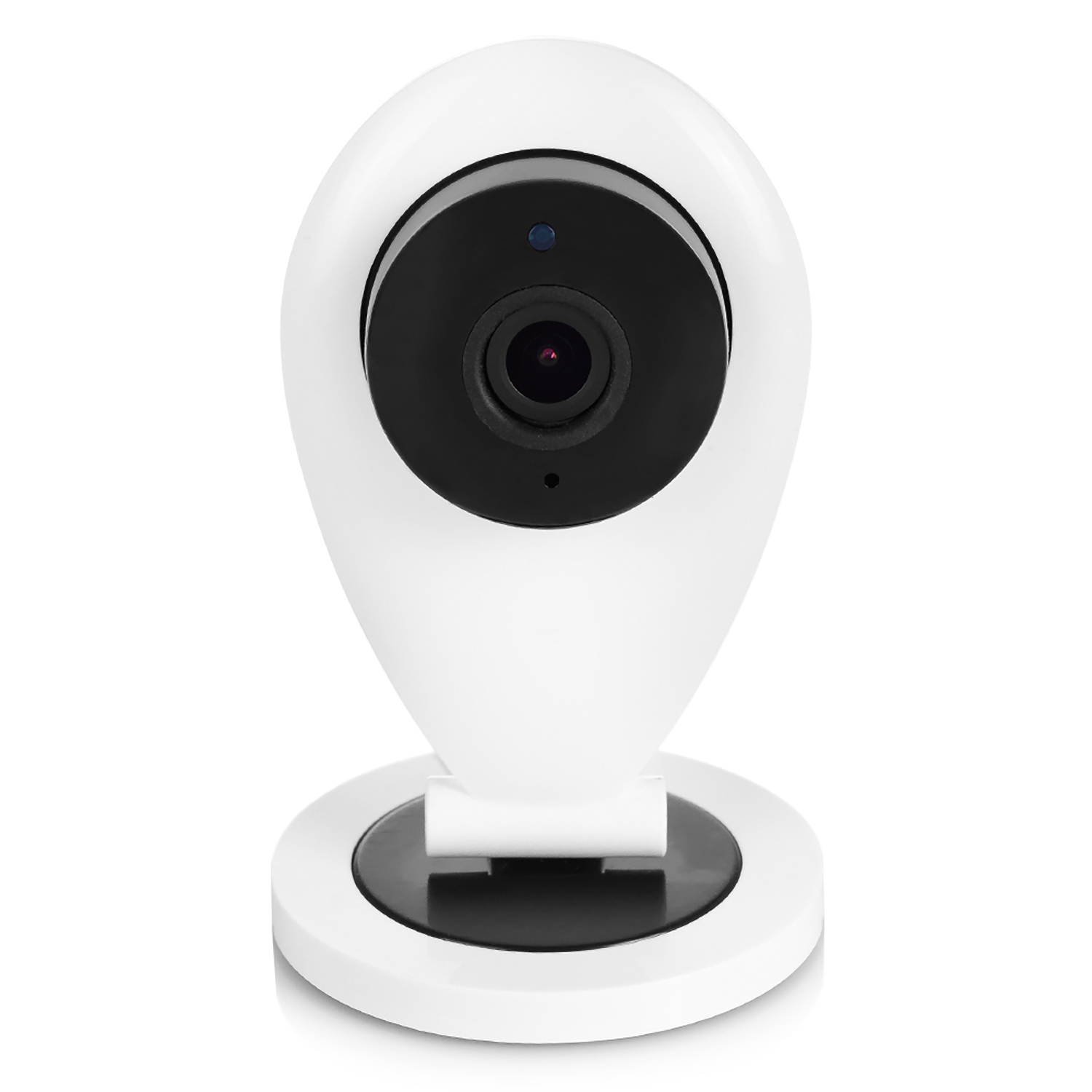 Una piccola telecamera di sicurezza bianca con obiettivo nero e base rotonda.