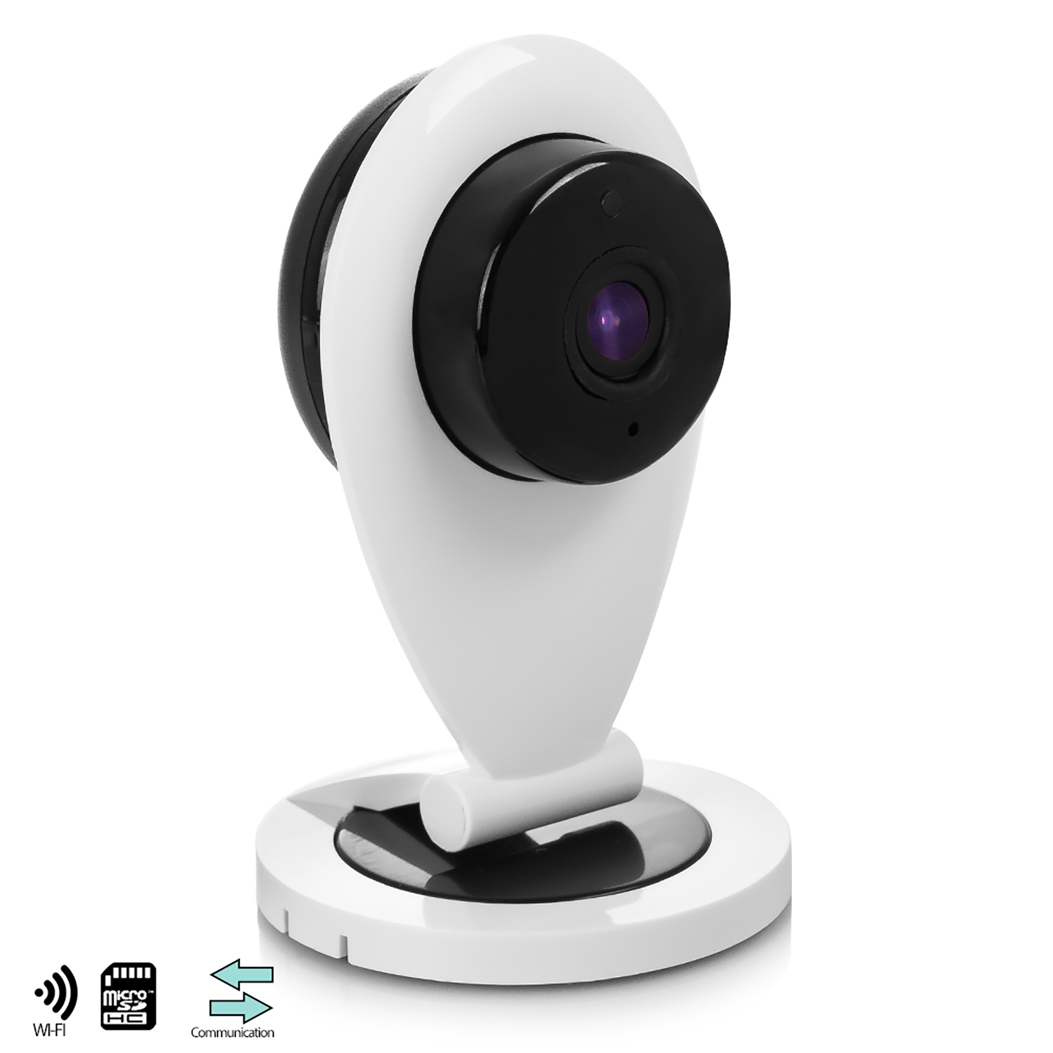 Una telecamera di sicurezza bianca con un obiettivo nero su una base bianca.