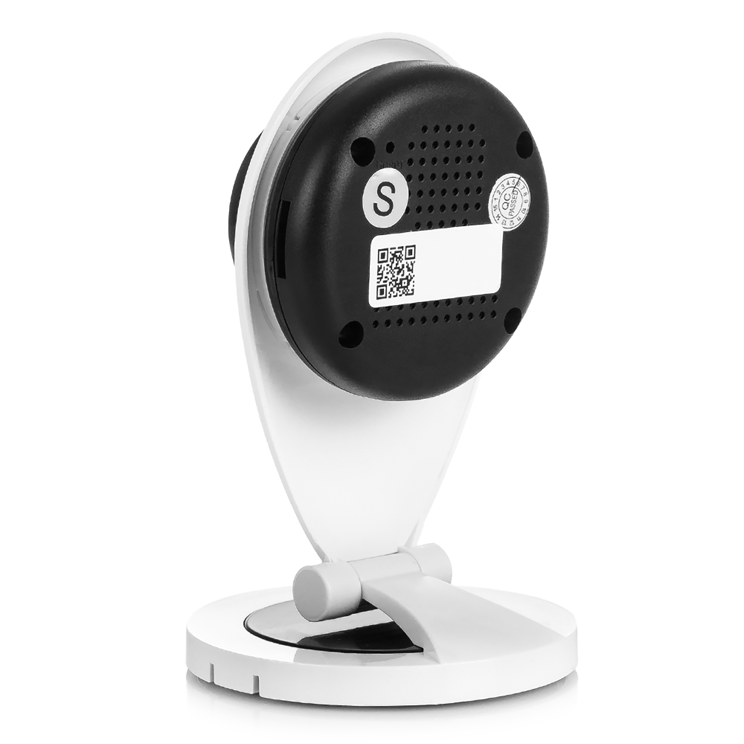 Una telecamera di sicurezza bianca con lente circolare nera e supporto bianco.