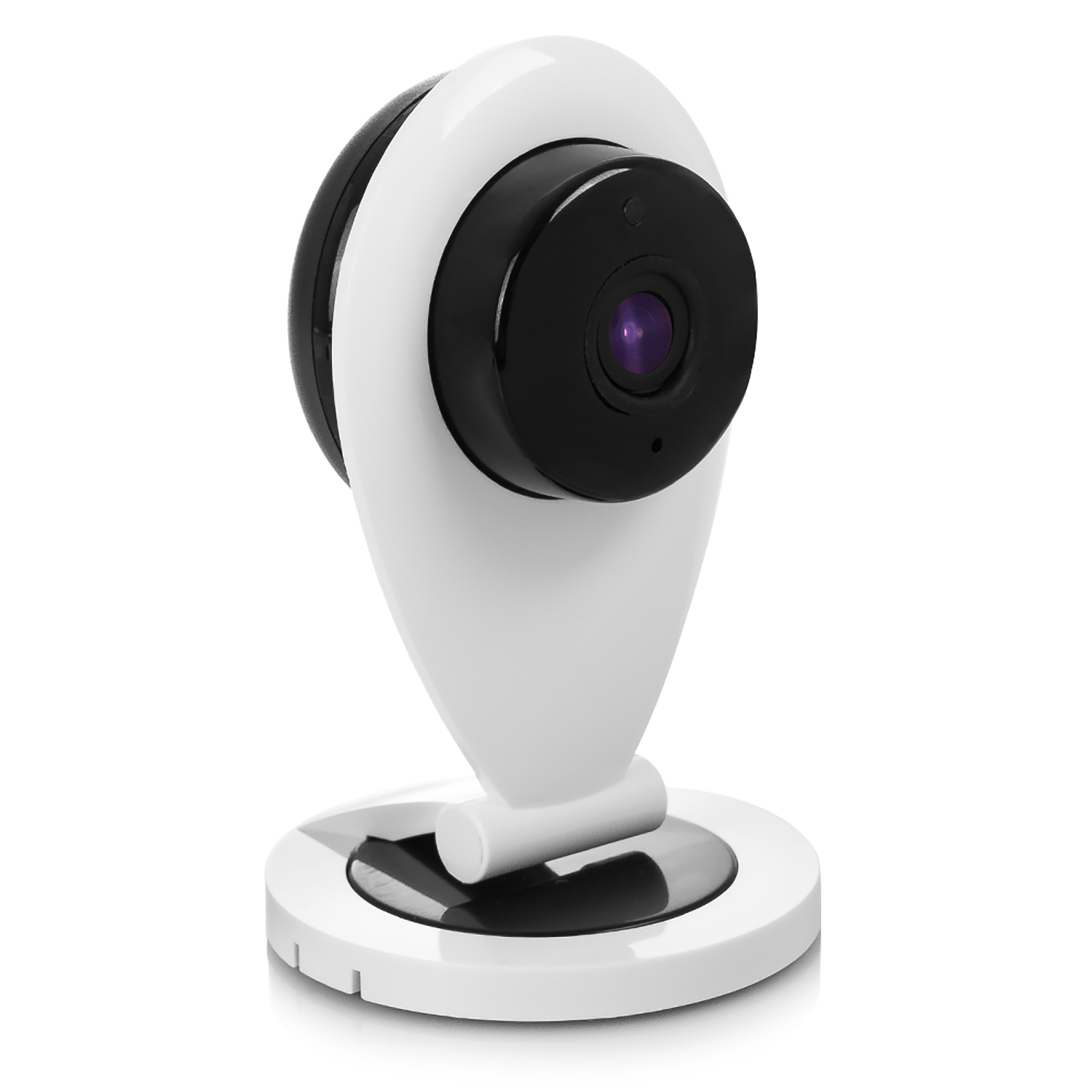 Una telecamera di sicurezza bianca e nera su sfondo bianco.