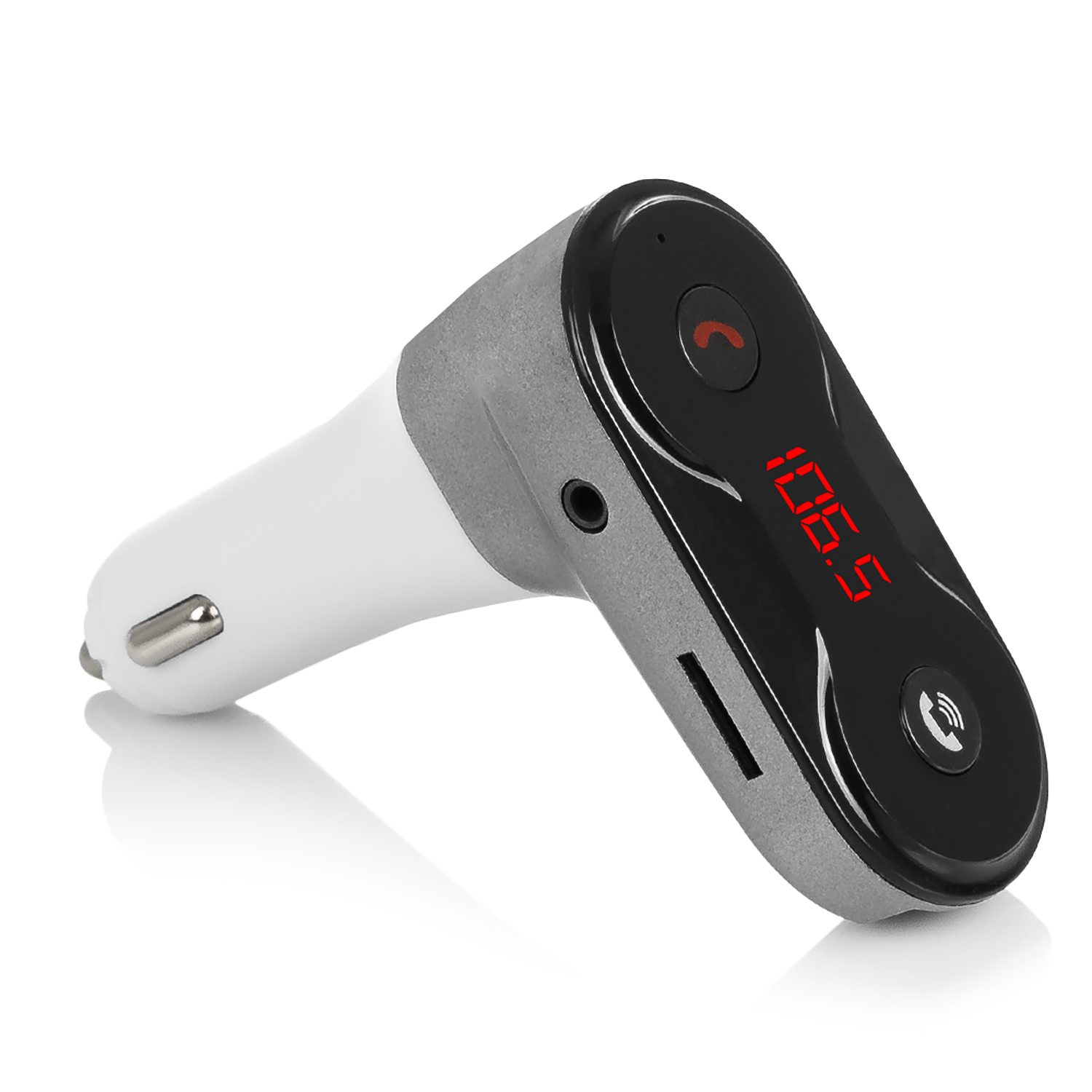 Caricabatterie per auto nero e grigio con display rosso che mostra 106.5 e pulsanti.