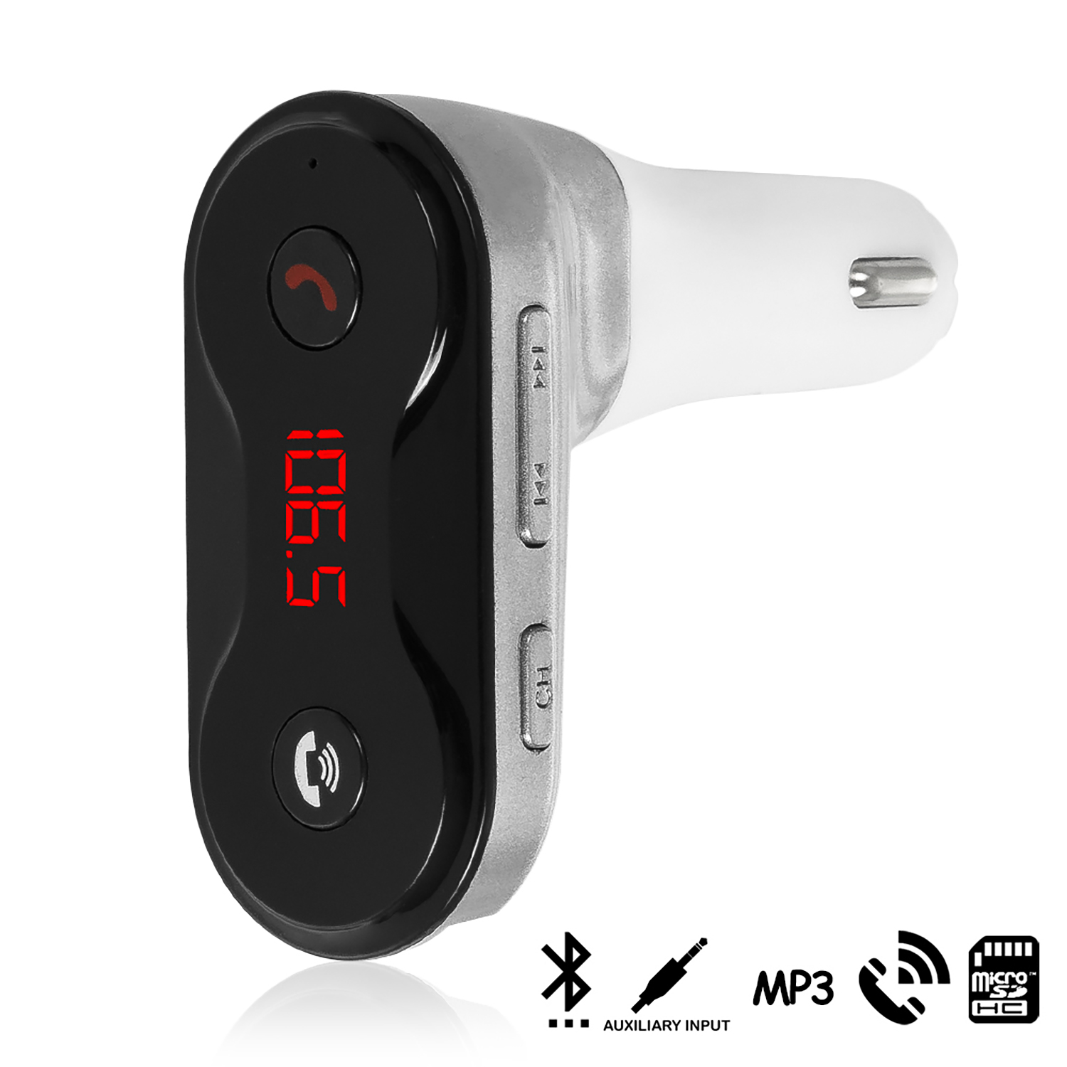 Caricabatterie per auto nero con display che mostra 106.5, e icone aux/MP3/microSD.