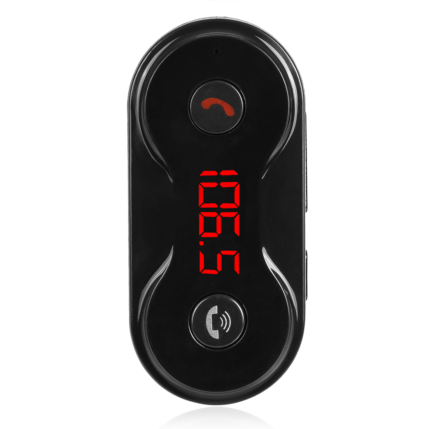 Trasmettitore FM per auto nero con display rosso che mostra numeri e pulsanti.
