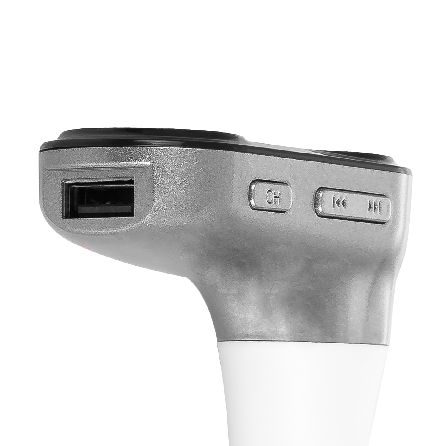 Un dispositivo argentato con porta USB e pulsanti. Ha una base bianca.