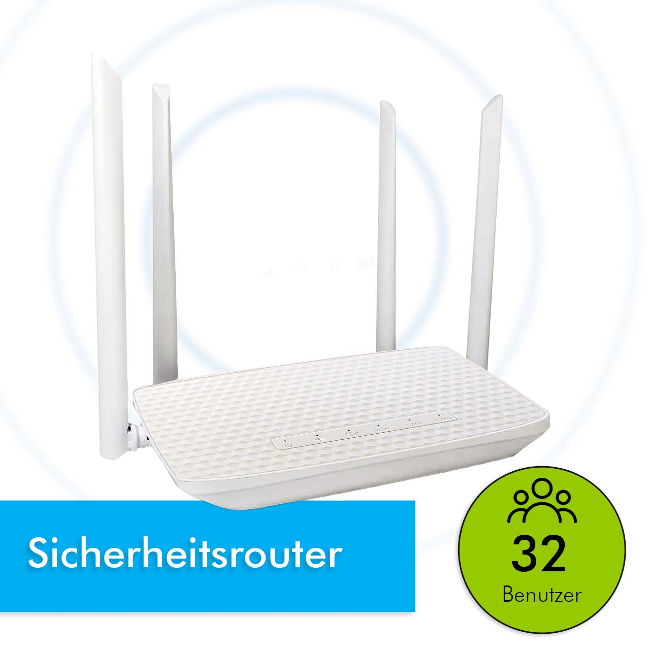 Weißer Router mit Antennen, Text sagt Sicherheitsrouter und 32.