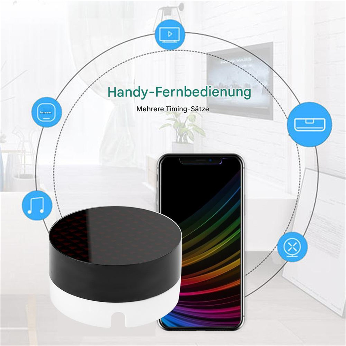 Ein Smart-Home-Hub und ein Smartphone, umgeben von Symbolen auf blauem Hintergrund.