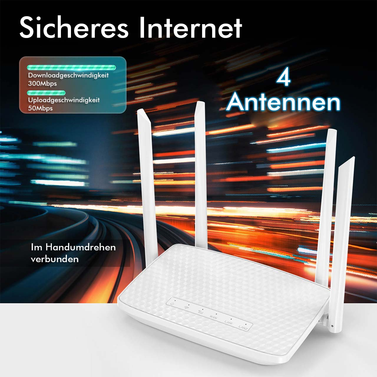 Weißer Router mit Antennen, Text über sicheres Internet und Download-/Upload-Geschwindigkeiten.