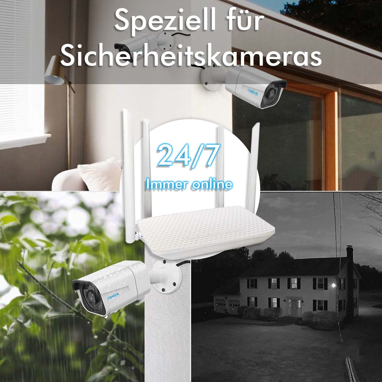 Sicherheitskameras und Router mit Text: 24/7 Immer online. Haus im Hintergrund.