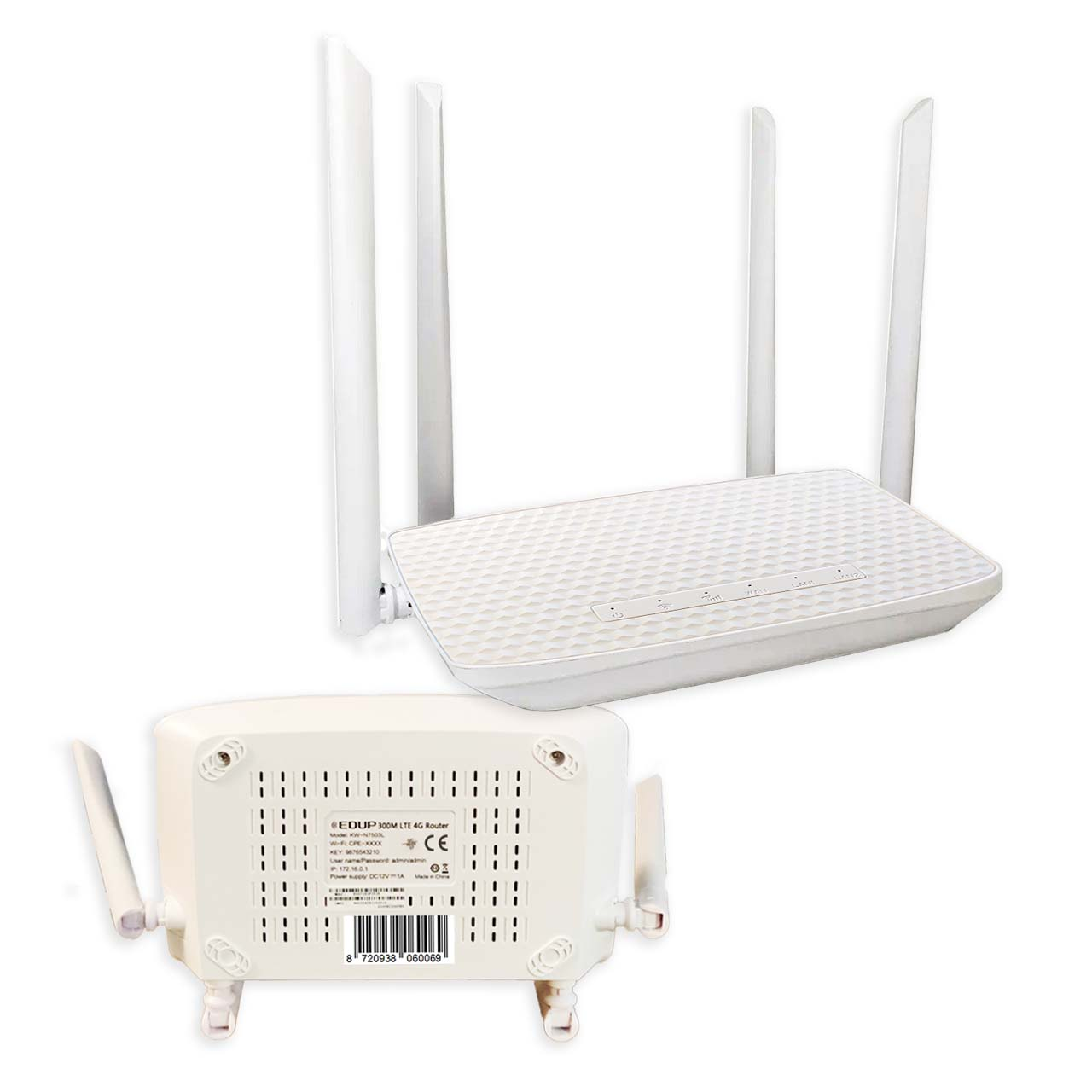 Ein weißer Router mit Antennen, mit Ober- und Unterseite.