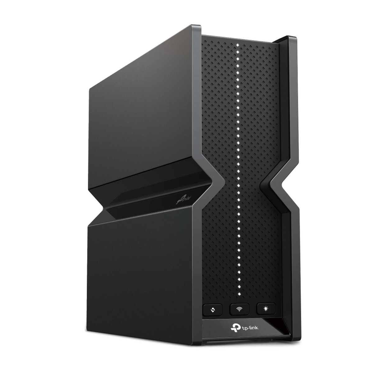 Een zwarte tp-link router. Het is een hoog, verticaal georiënteerd apparaat met een getextureerde voorkant.