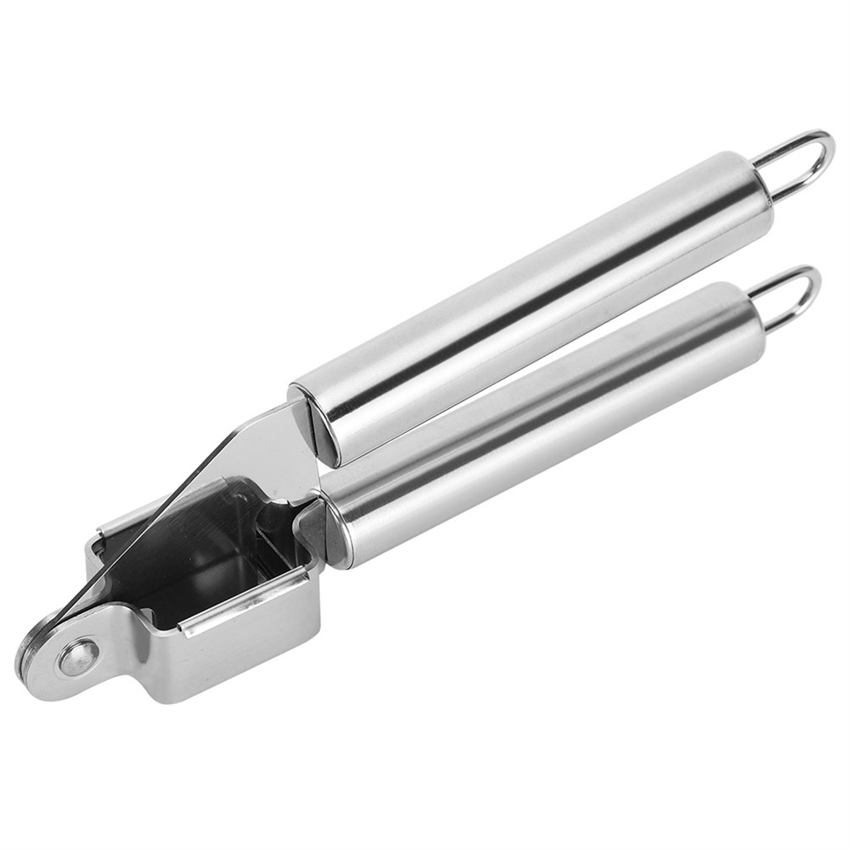 Eine silberne Knoblauchpresse mit zwei Griffen und einem scharniergelagerten Pressbereich.