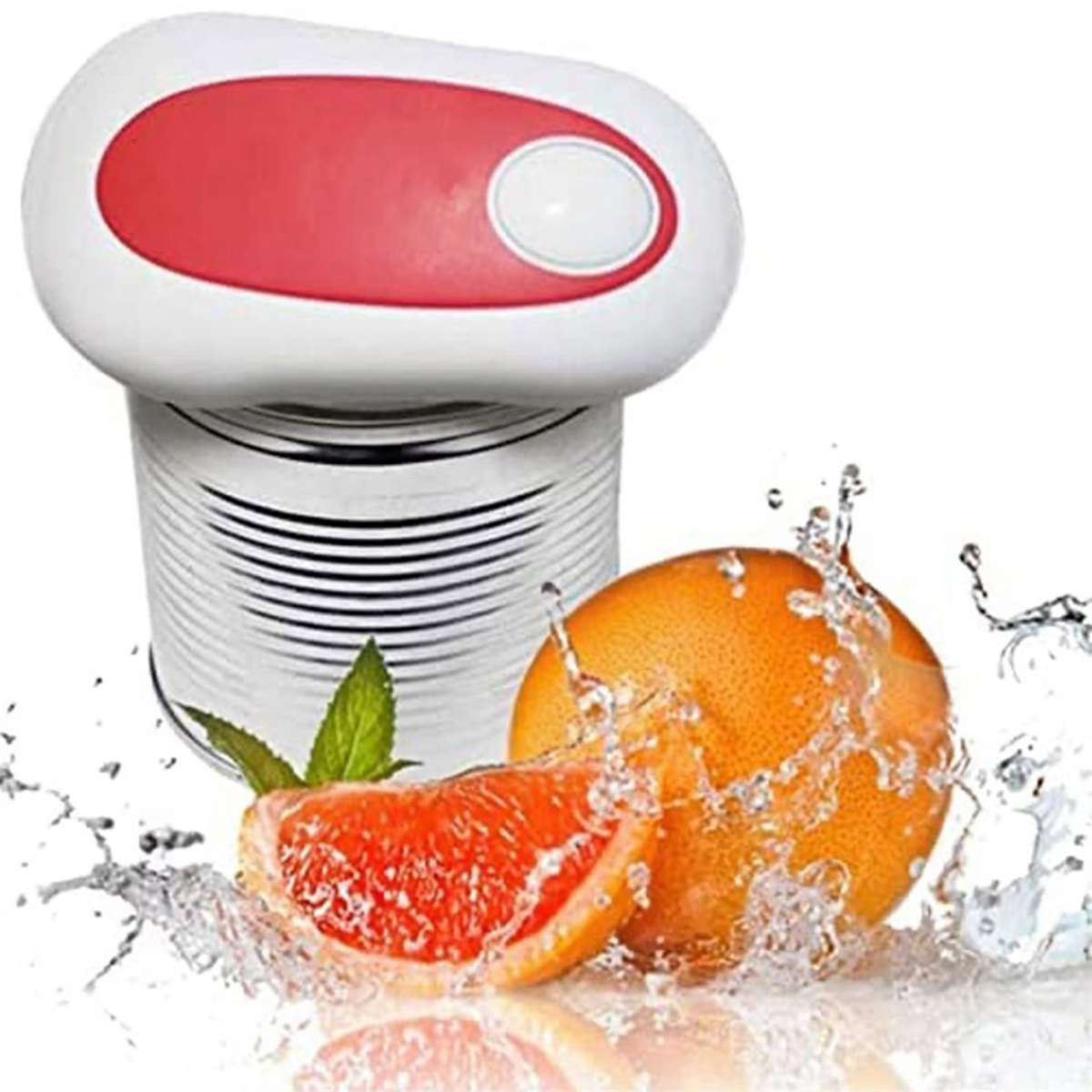 Ein elektrischer Dosenöffner mit weißem Gehäuse und rotem Deckel, neben einer aufgeschnittenen Grapefruit.