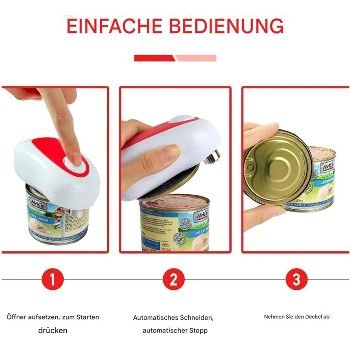 Automatischer Dosenöffner in Gebrauch, öffnet eine Dose.