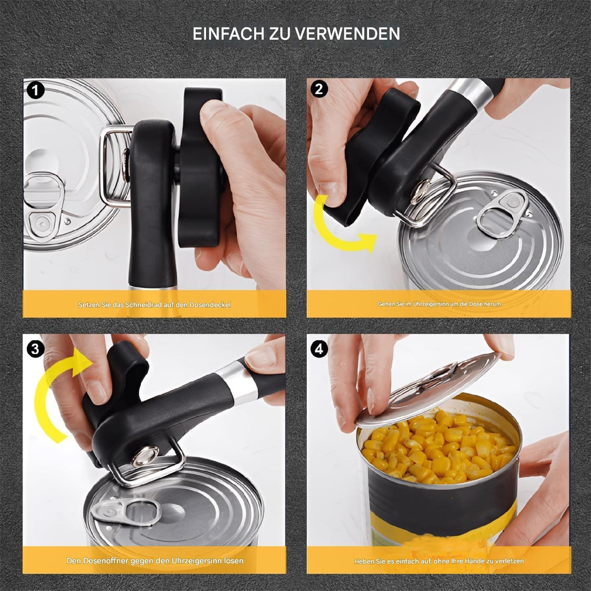 Schritt-für-Schritt-Anleitung für einen Dosenöffner. Hände mit Dosenöffner und Dose. Gelbe Pfeile zeigen Aktionen.