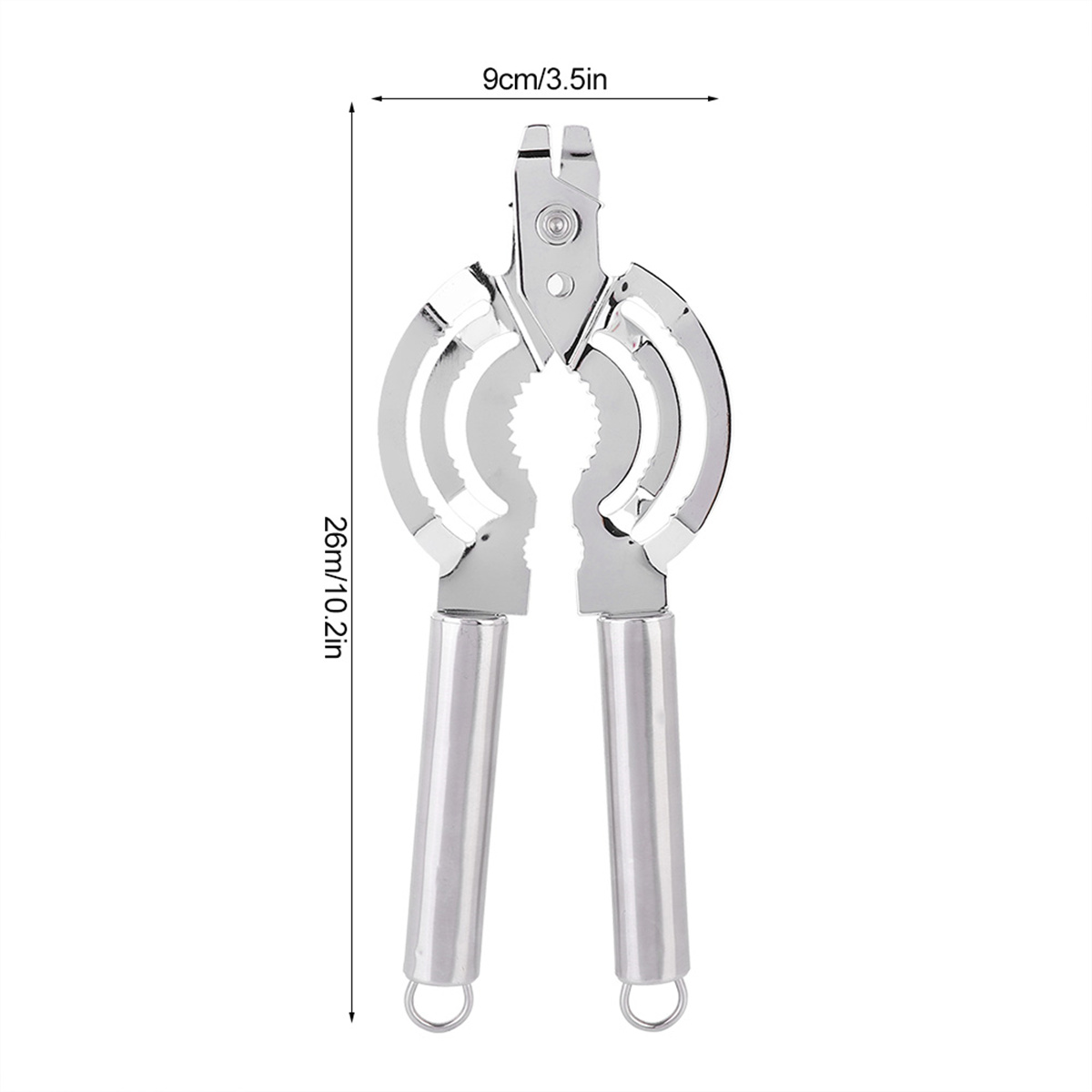 Ein silberner und Edelstahl-Multitool-Dosenöffner mit angegebenen Abmessungen.