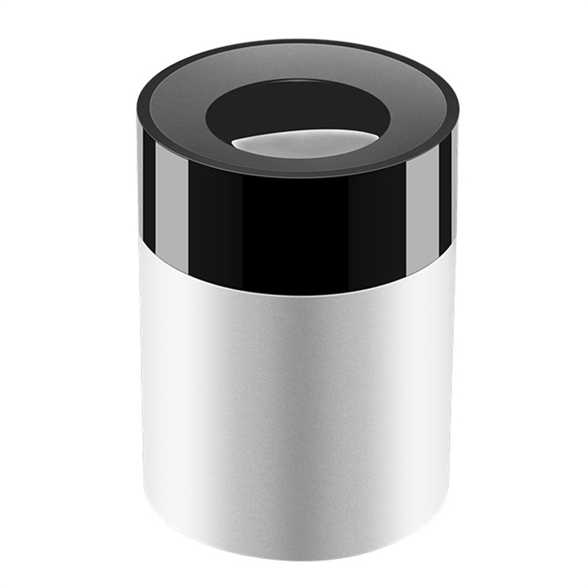 Ein zylindrisches, silber-schwarzes Gerät mit dunkler Oberseite und hellfarbiger Basis.