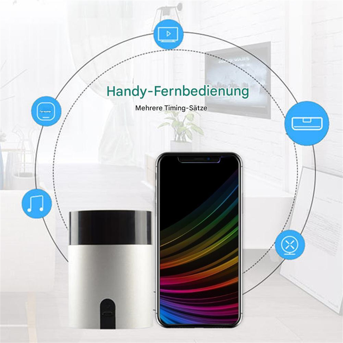 Ein Telefon mit Regenbogen-Display neben einem Zylinder und Diagrammen.