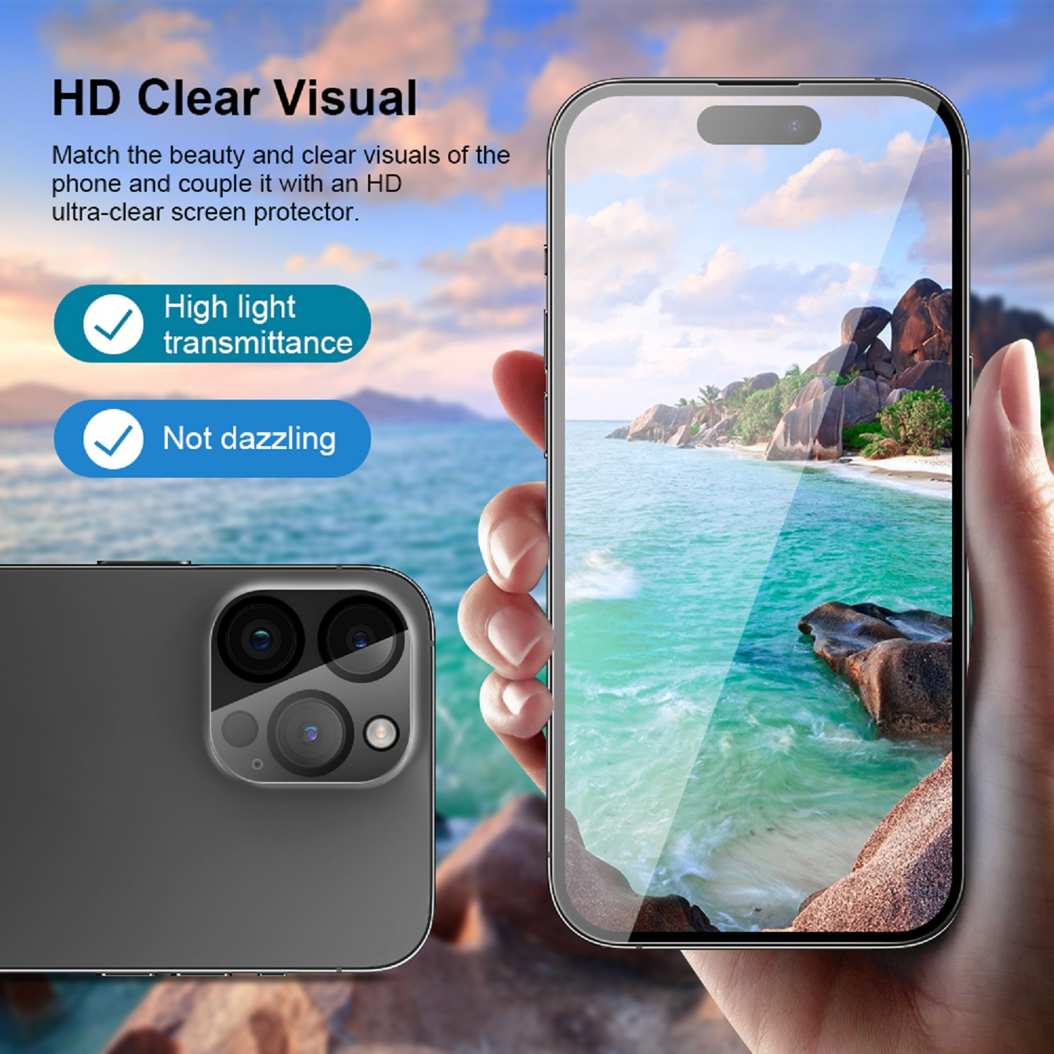 Eine Hand hält ein Telefon mit Displayschutz, zeigt eine Strandszene.